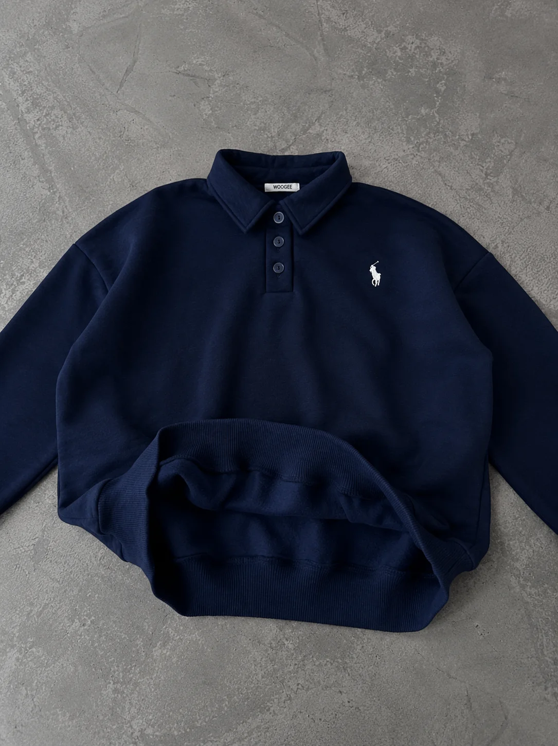 Lacivert Polo Yaka Nakış Detaylı Basic Oversize Unisex Sweatshirt