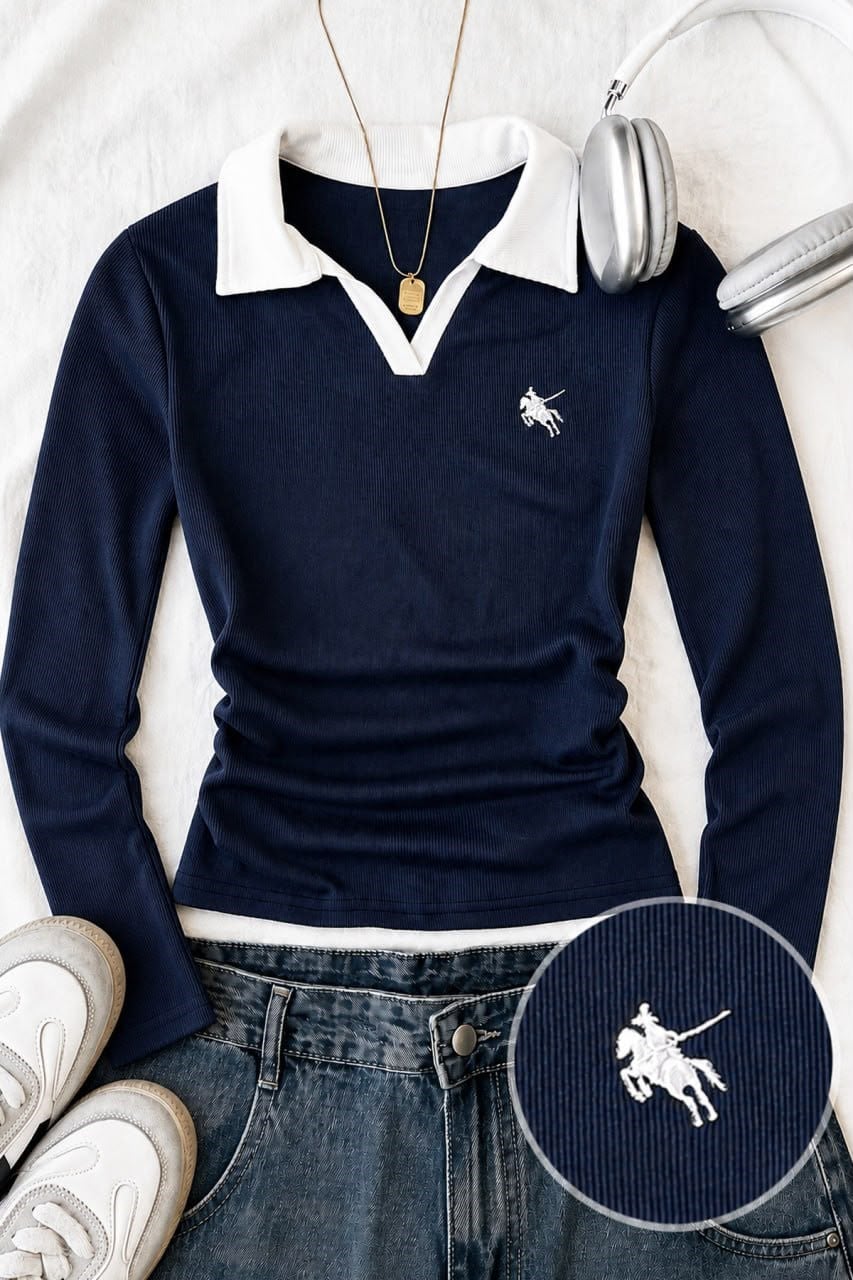 Lacivert Polo Yaka Nakışlı Büzgülü Bluz