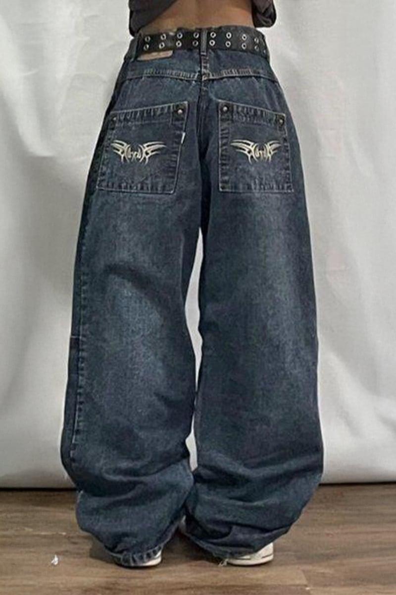 Lacivert Retro Yıkamalı Harajuku Baggy Y2K Pantolon