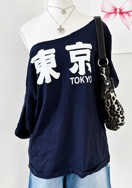 Lacivert Tokyo Y2K Kısa Kollu Off Shoulder