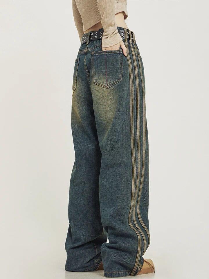 Lacivert Vintage Çizgi Detay Eskitme Baggy Pantolon