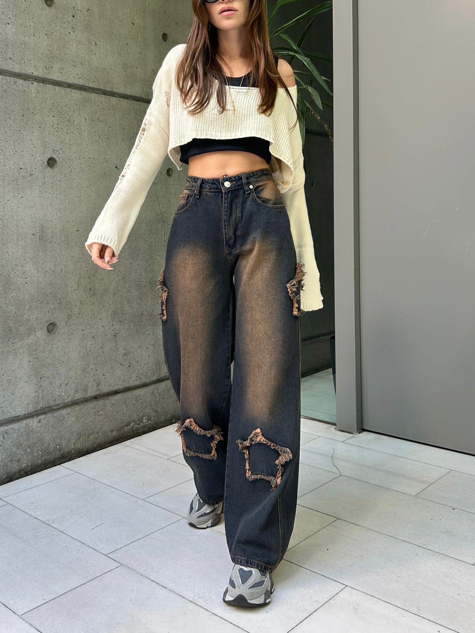 Lacivert Vintage Yıkama Yıldız Detaylı Baggy Pantolon