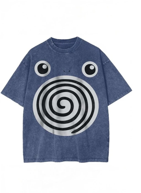 Lacivert Yıkamalı Poliwag Pokemon Unisex T-Shirt
