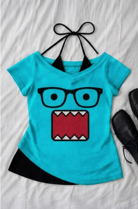 Mavi Domo Kun Ek Askılı Y2K Kısa Kollu Crop