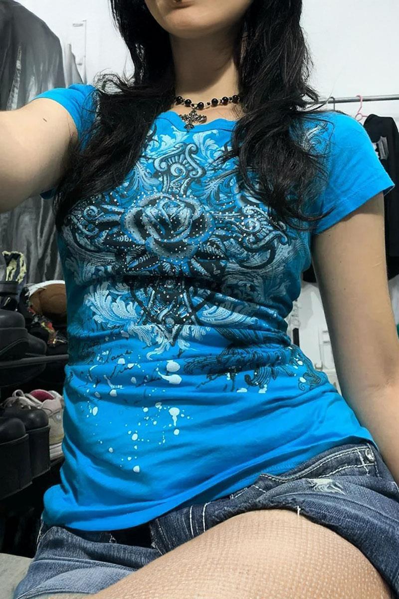 Mavi Gotik Rose Harajuku Y2K Kısa Kollu Crop