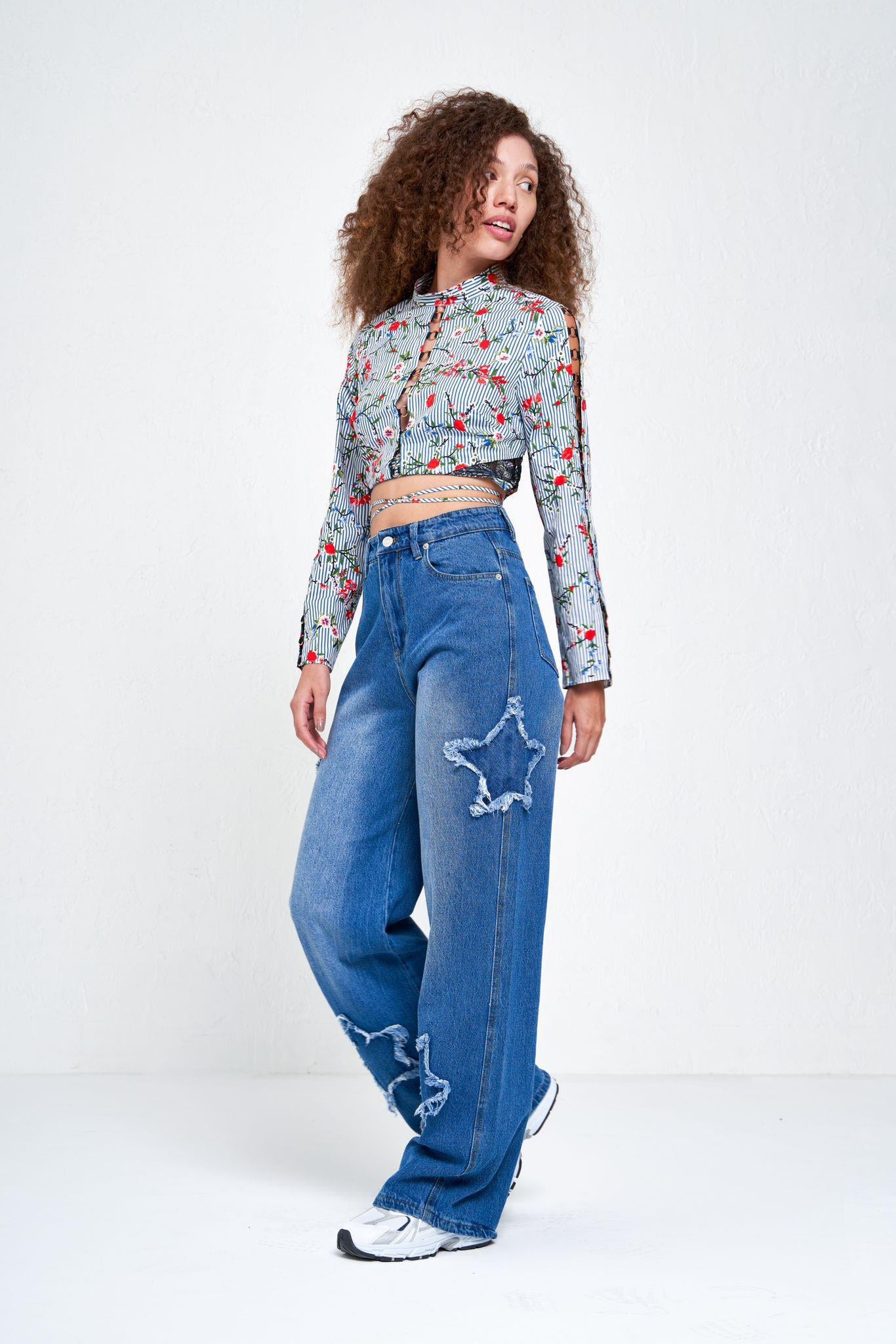 Mavi Retro Yıldız Detaylı Baggy Pantolon