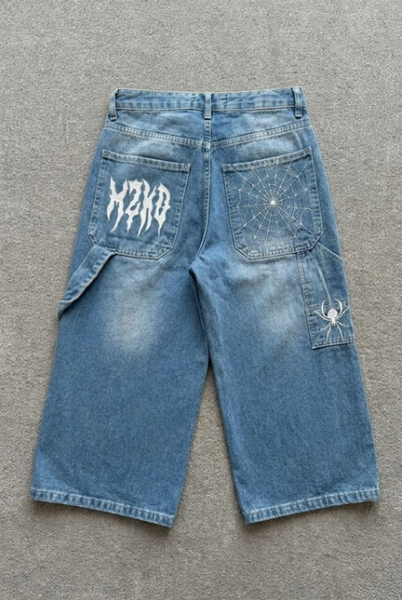 Mavi Taşlamalı kırmızı Beyaz MZKD Spider Y2K Baggy Unisex Şortolon