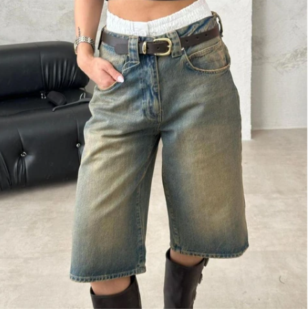 Mavi Vintage Kahverengi Taşlanmış Yıkamalı Retro Kısa Paçalı Kot Şortolon