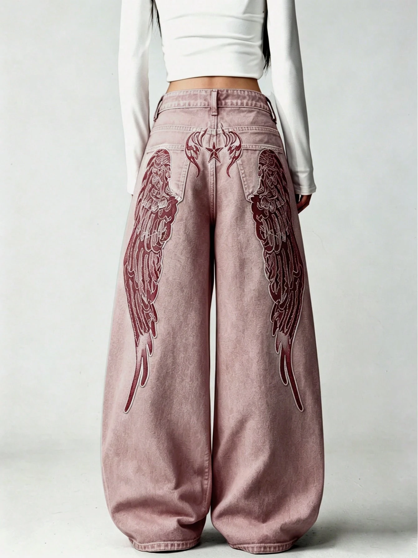 Pembe Angel Wings Y2K Pembe Baggy Jean