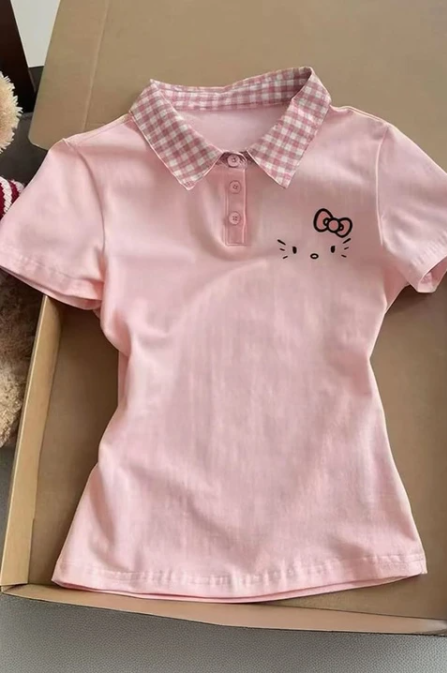 Pembe Ekose Polo Yaka Hello Kitty Y2K Kısa Kollu Crop