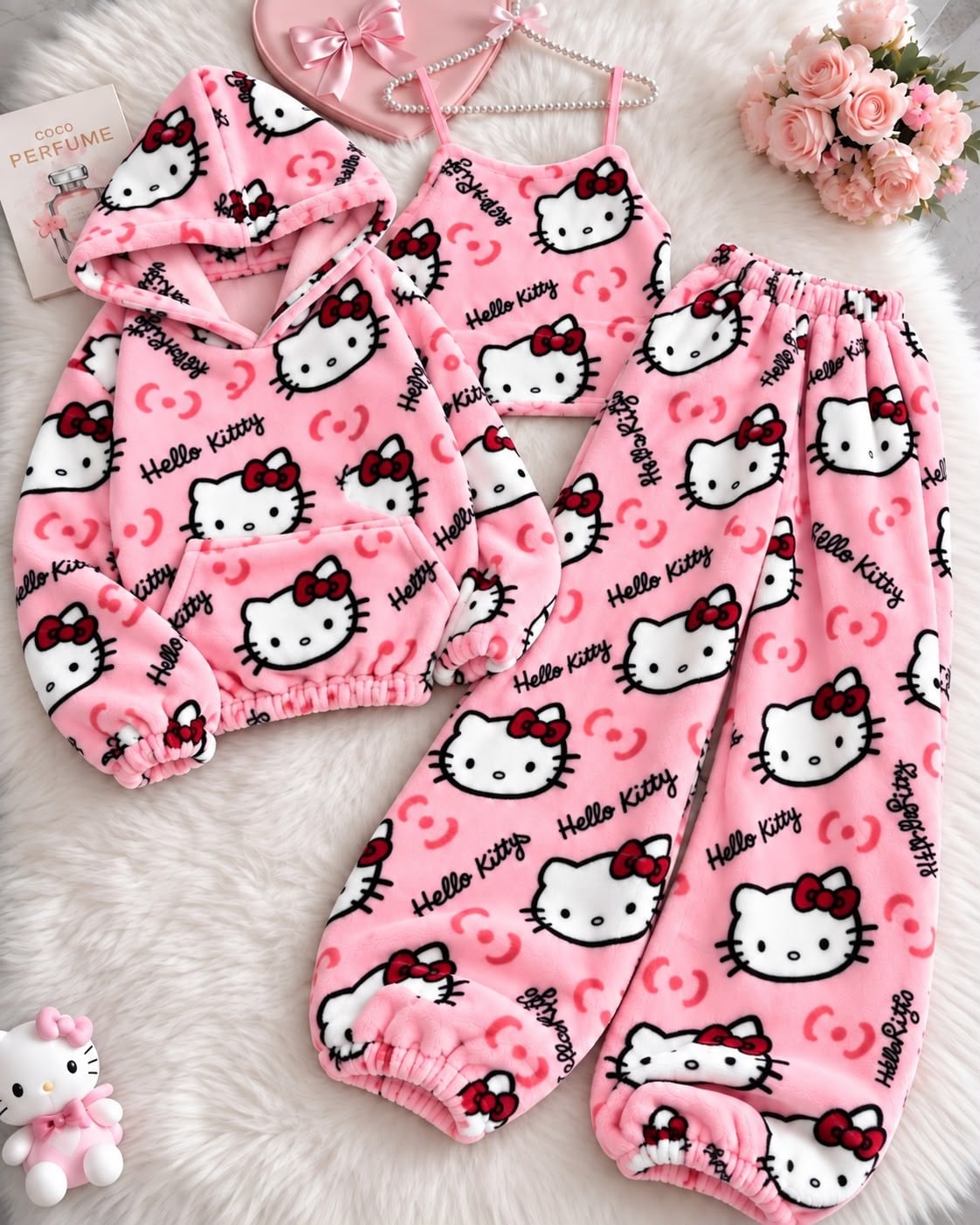 Pembe Hello Kitty Cloudy 3'lü Peluş Sweatli Takım