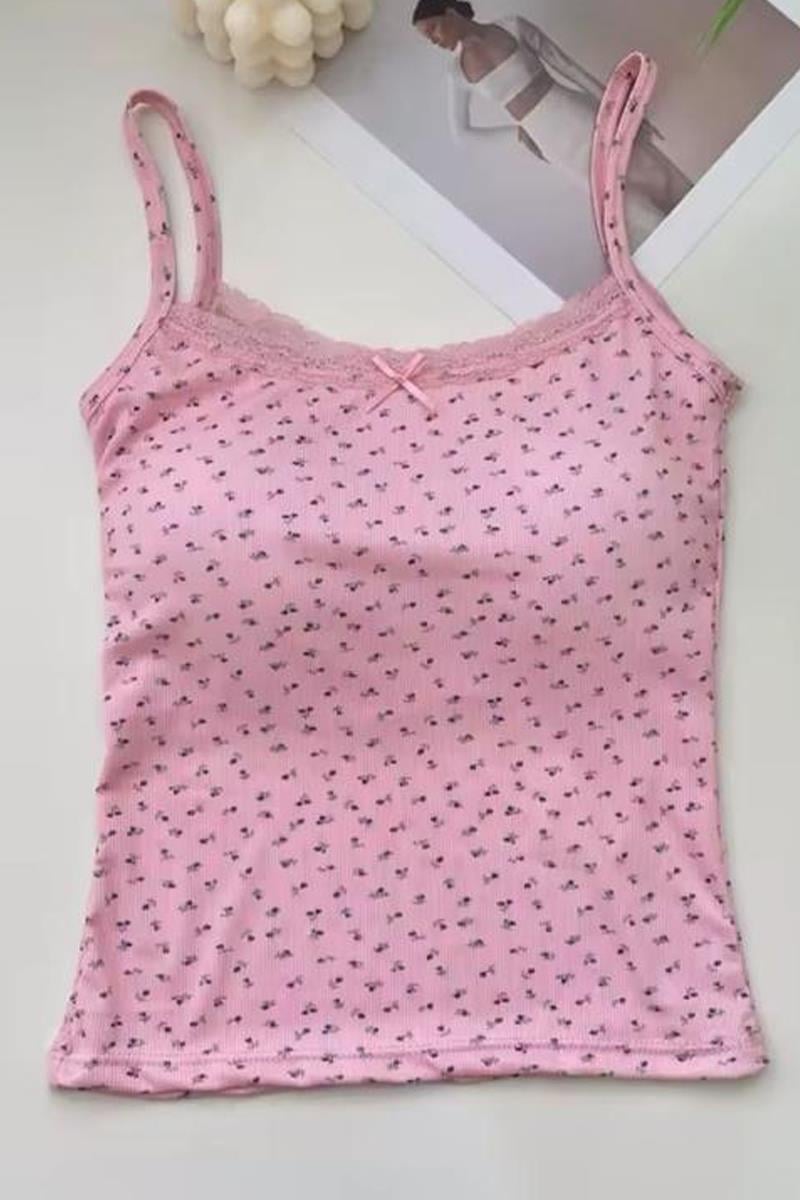 Pembe Minik Fiyonk Ve Çiçek Desenli Askılı Crop