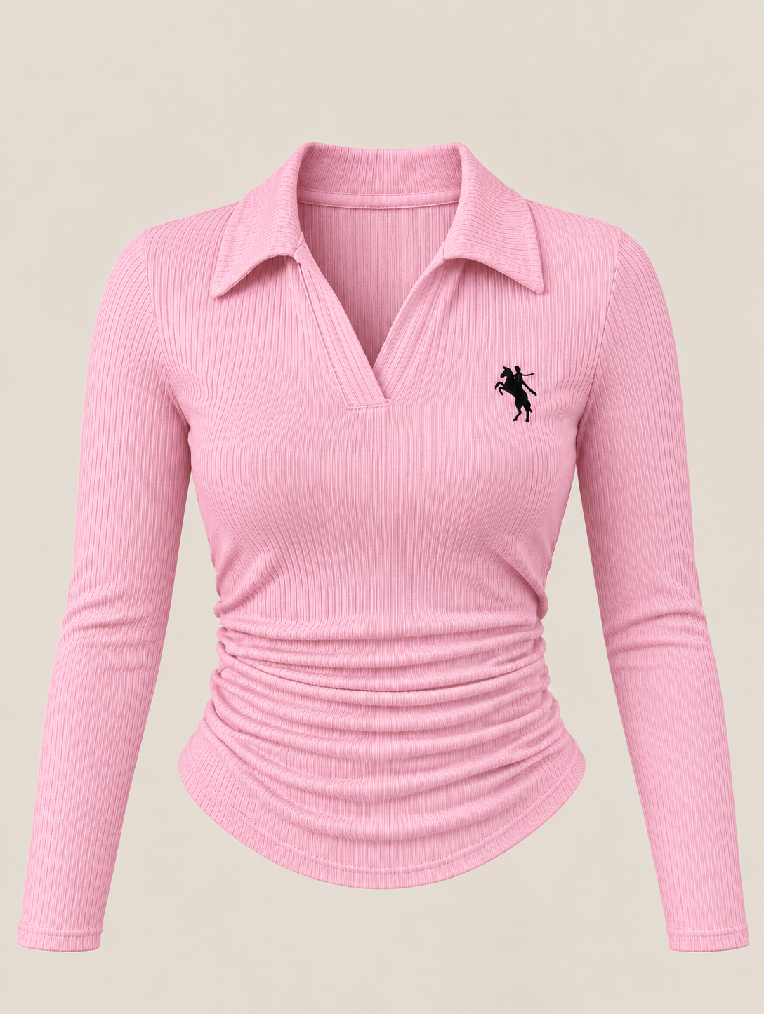 Pembe Polo Yaka Fitilli Premium Uzun Kollu Bluz
