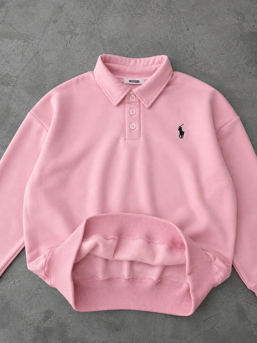 Pembe Polo Yaka Nakış Detaylı Basic Oversize Unisex Sweatshirt