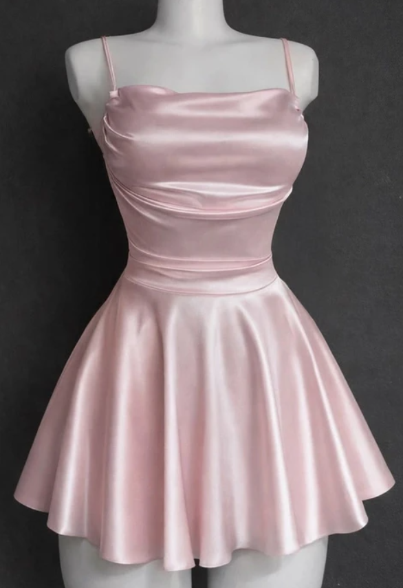 Pembe Saten Drape Detaylı İp Askılı Elbise