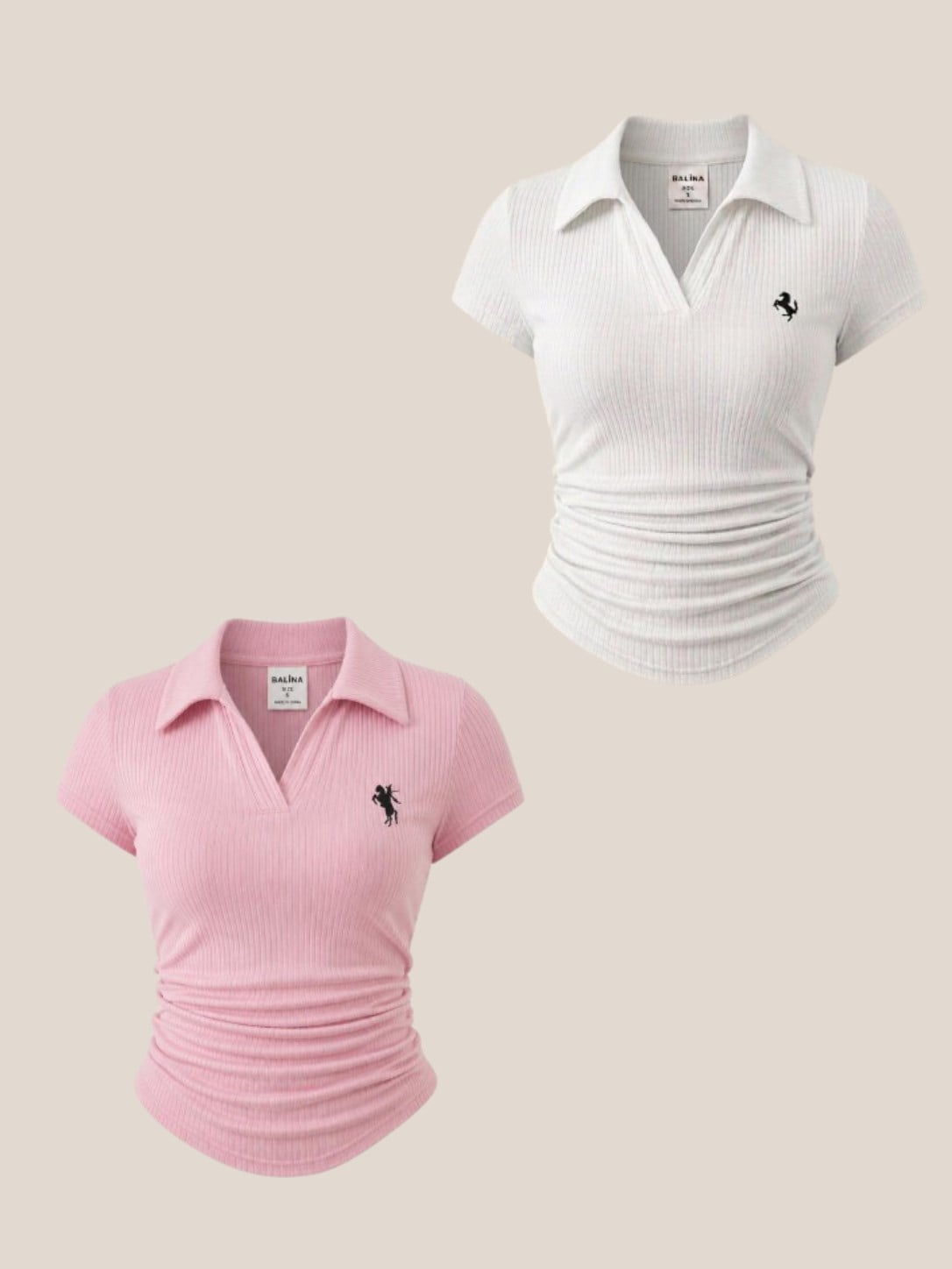 Pembe ve Beyaz  Polo Yaka Fitilli Premium Bluz