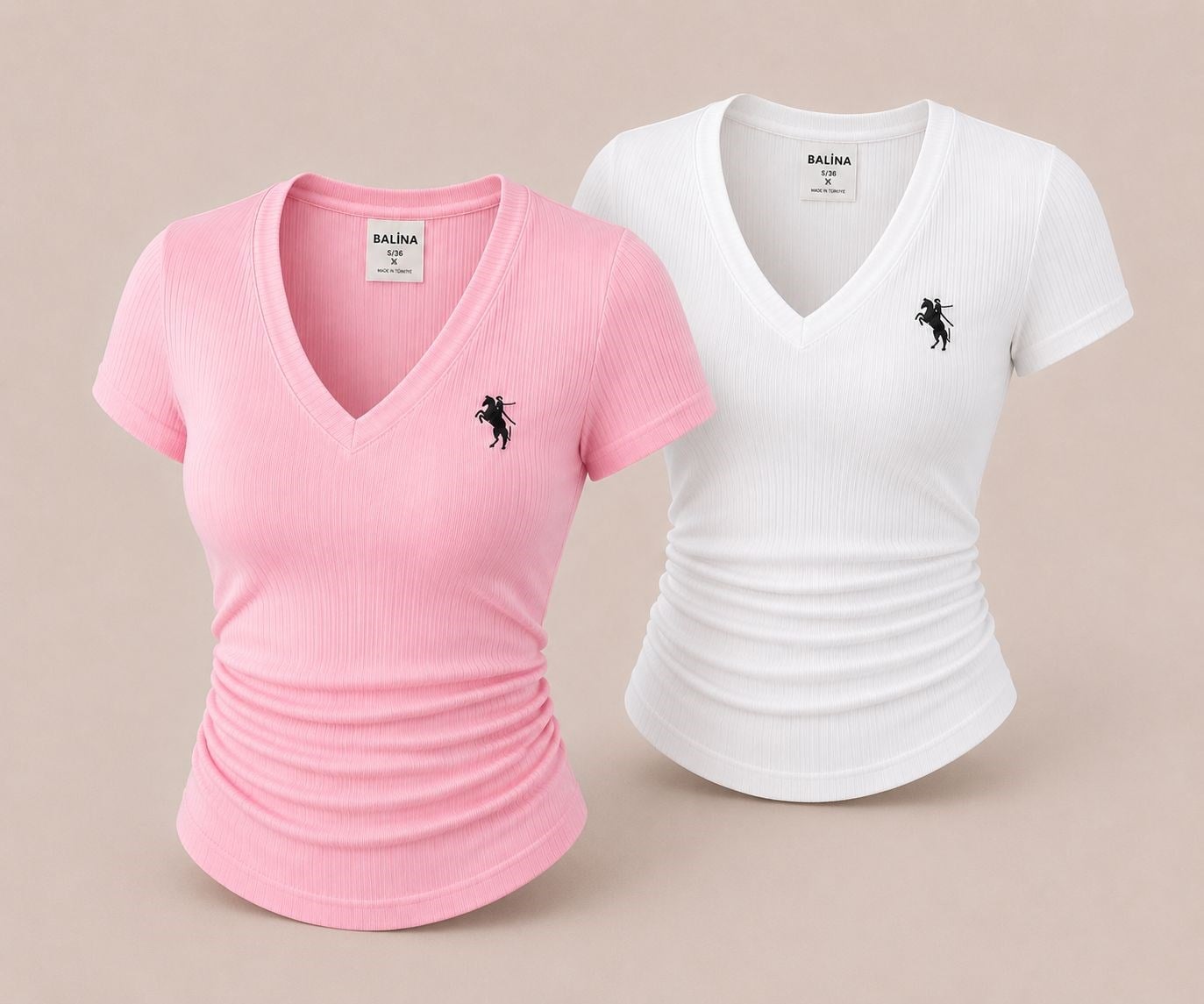 Pembe Ve Beyaz V Yaka Fitilli Premium Bluz 