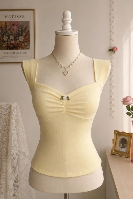 Sarı Coquette Fiyonk Gül Detaylı Y2K Kısa Kollu Crop