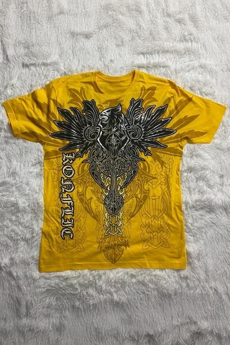 Sarı Gotik Kor Flec Tribal Y2K Unisex T-Shirt
