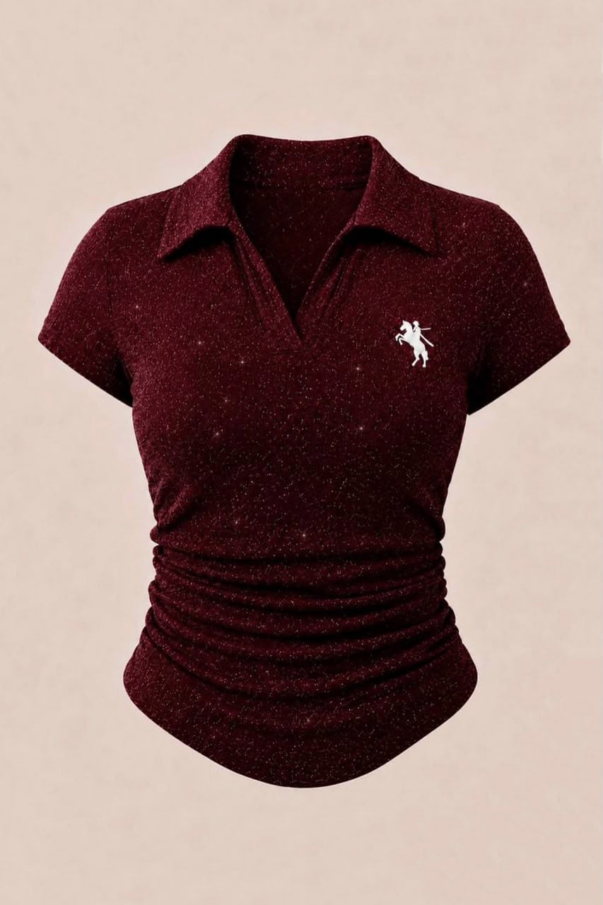 Simli Bordo Polo Yaka Fitilli Premium Bluz