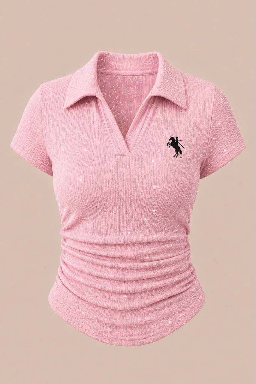 Simli Pembe Polo Yaka Fitilli Premium Bluz