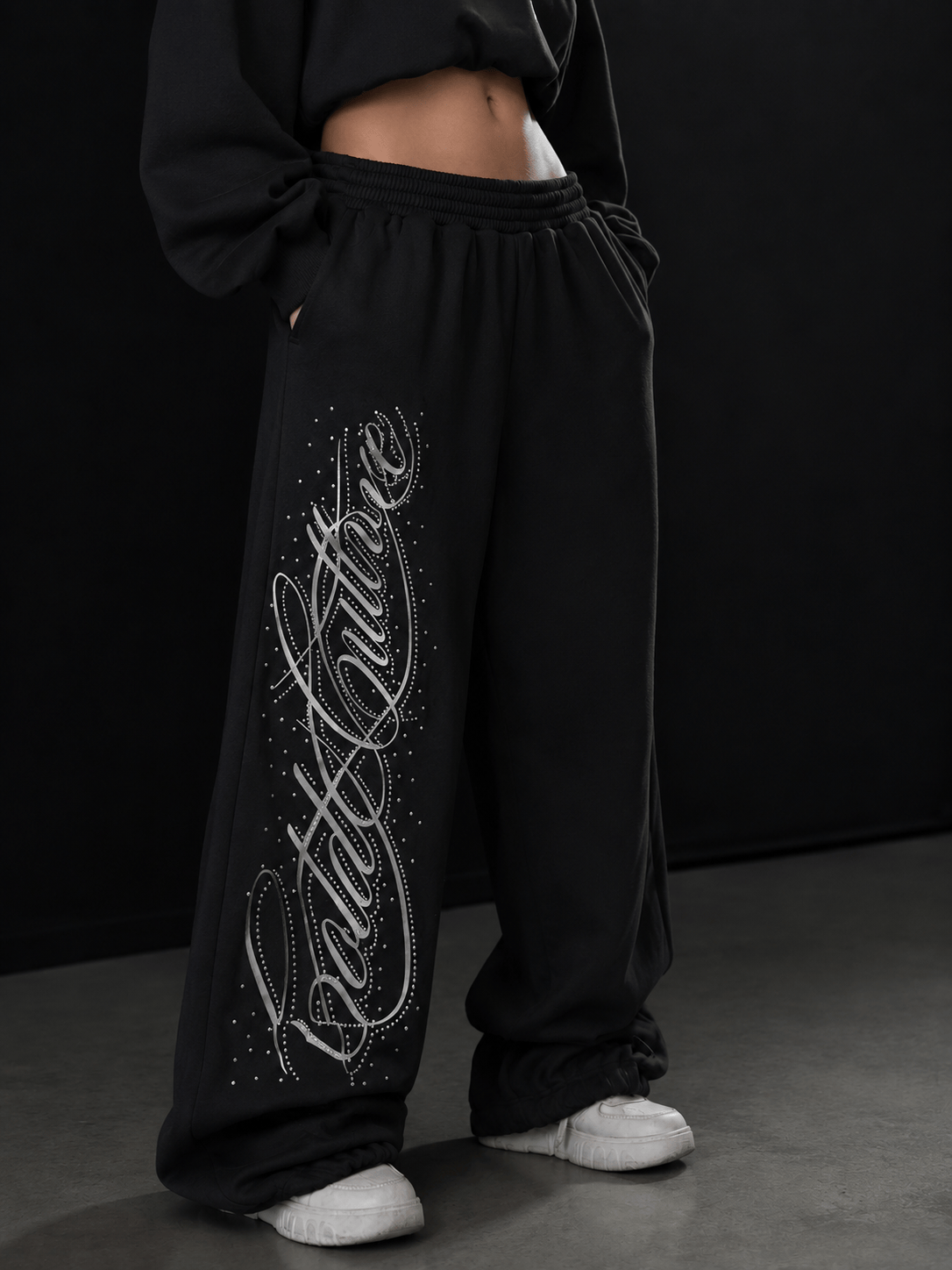 Siyah Angel Taşlı Baggy Premium Unisex Eşofman Altı