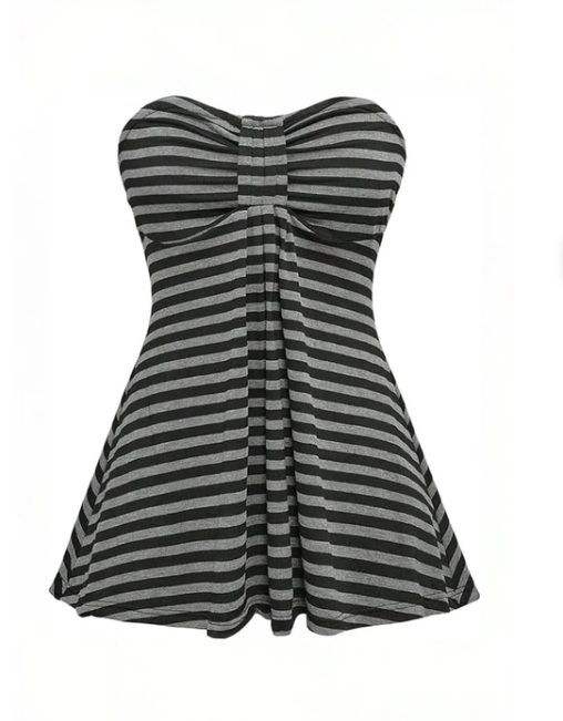 Siyah Antrasit Çizgili Twist Y2K Straplez Crop