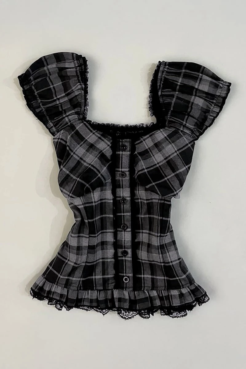 Siyah Antrasit Ekoseli Vintage Dantelli Kare Yaka Y2K Kısa Kollu Crop