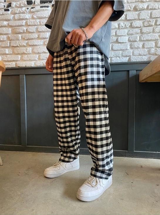 Siyah Beyaz Kare Ekose Desenli Unisex Bol Paça Pijama Eşofman