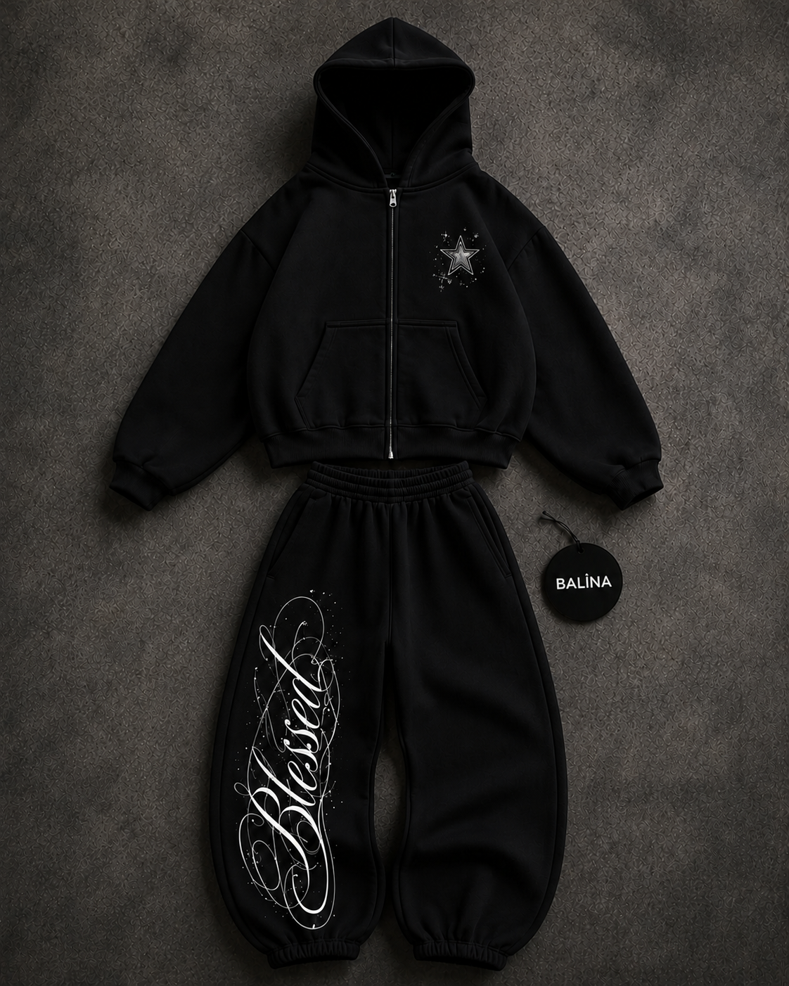 Siyah Blessed Baggy Kalıp Unisex Eşofman Takımı