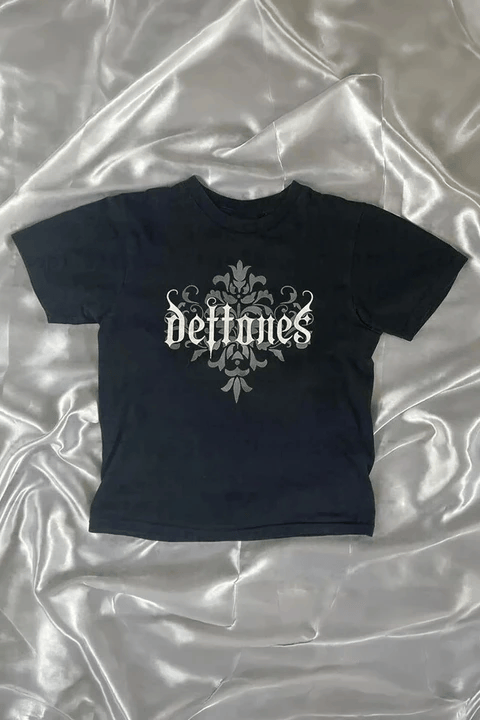 Siyah Deftones Gotik Y2K Kısa Kollu Crop