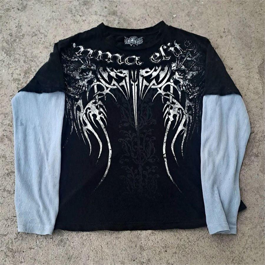 Siyah Gothic Punk MMA Elite Beyaz Kollu Cyber Grunge İnce Sweatshirt