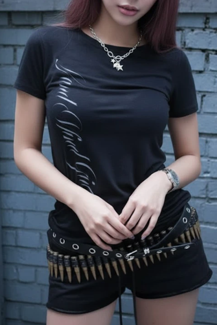 Siyah Gotik Sırt Baskılı Wing Geniş Yaka Y2K Kısa Kollu Crop