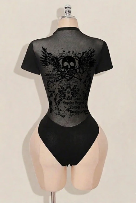 Siyah Gotik Skull Butterfly Wings Transparan Kısa Kollu Çıtçıtlı Body