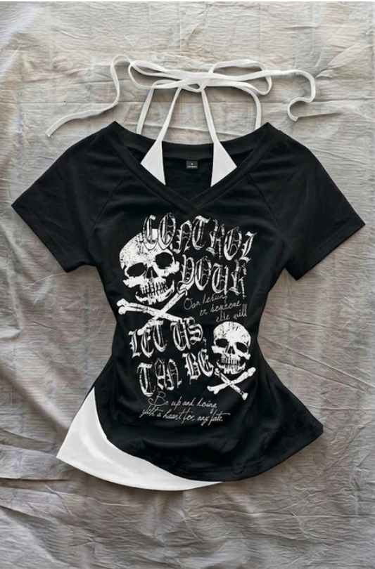 Siyah Gotik Skulls Control Ek Askılı Y2K Kısa Kollu Crop