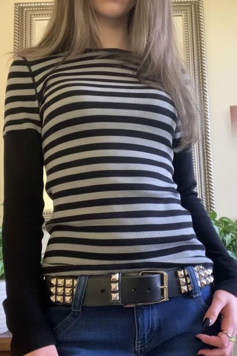 Siyah Gri Çizgili Grunge Siyah Y2K Uzun Kollu Crop