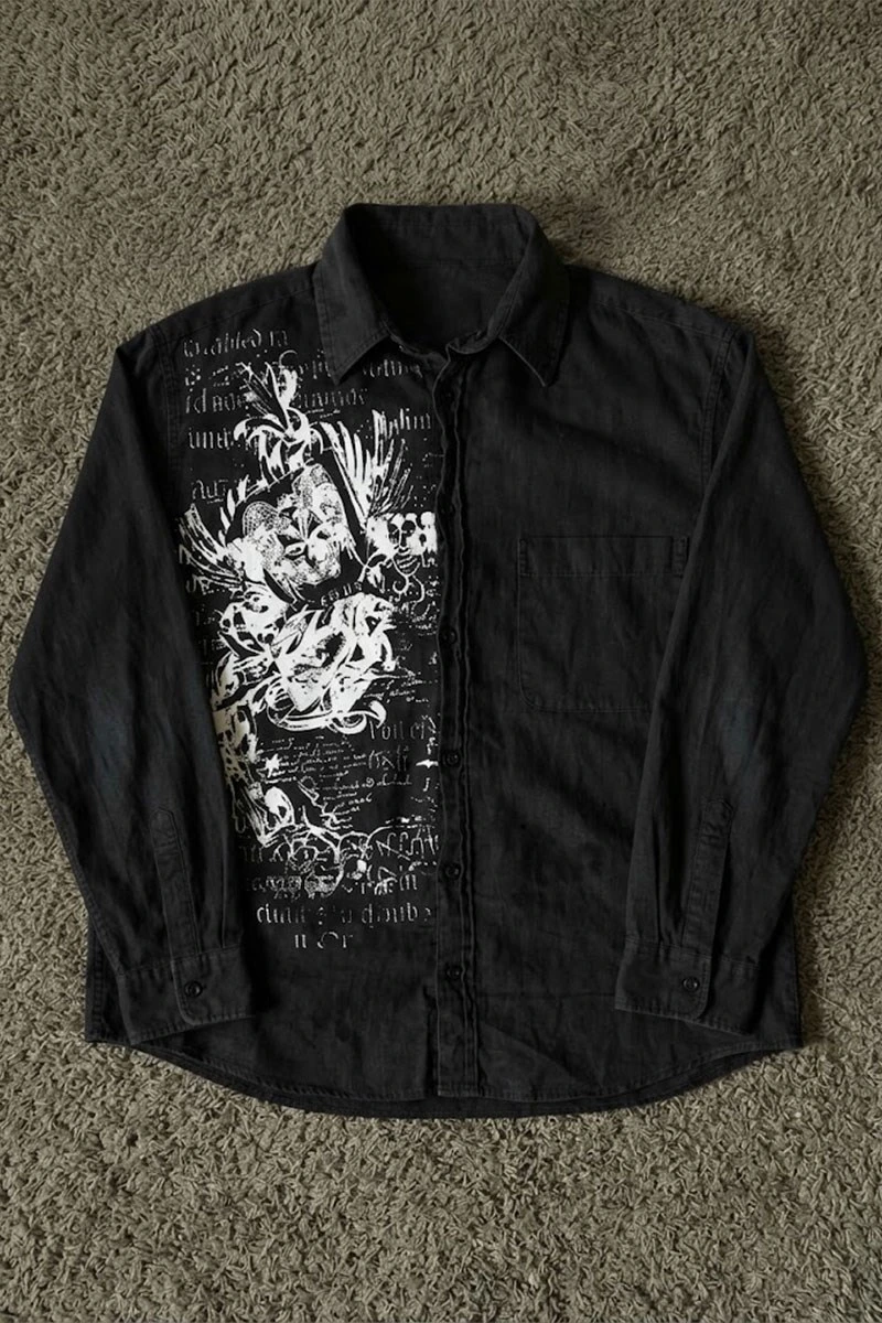 Siyah Grunge Tipografik Gotik Y2K Unisex Uzun Kollu Gömlek