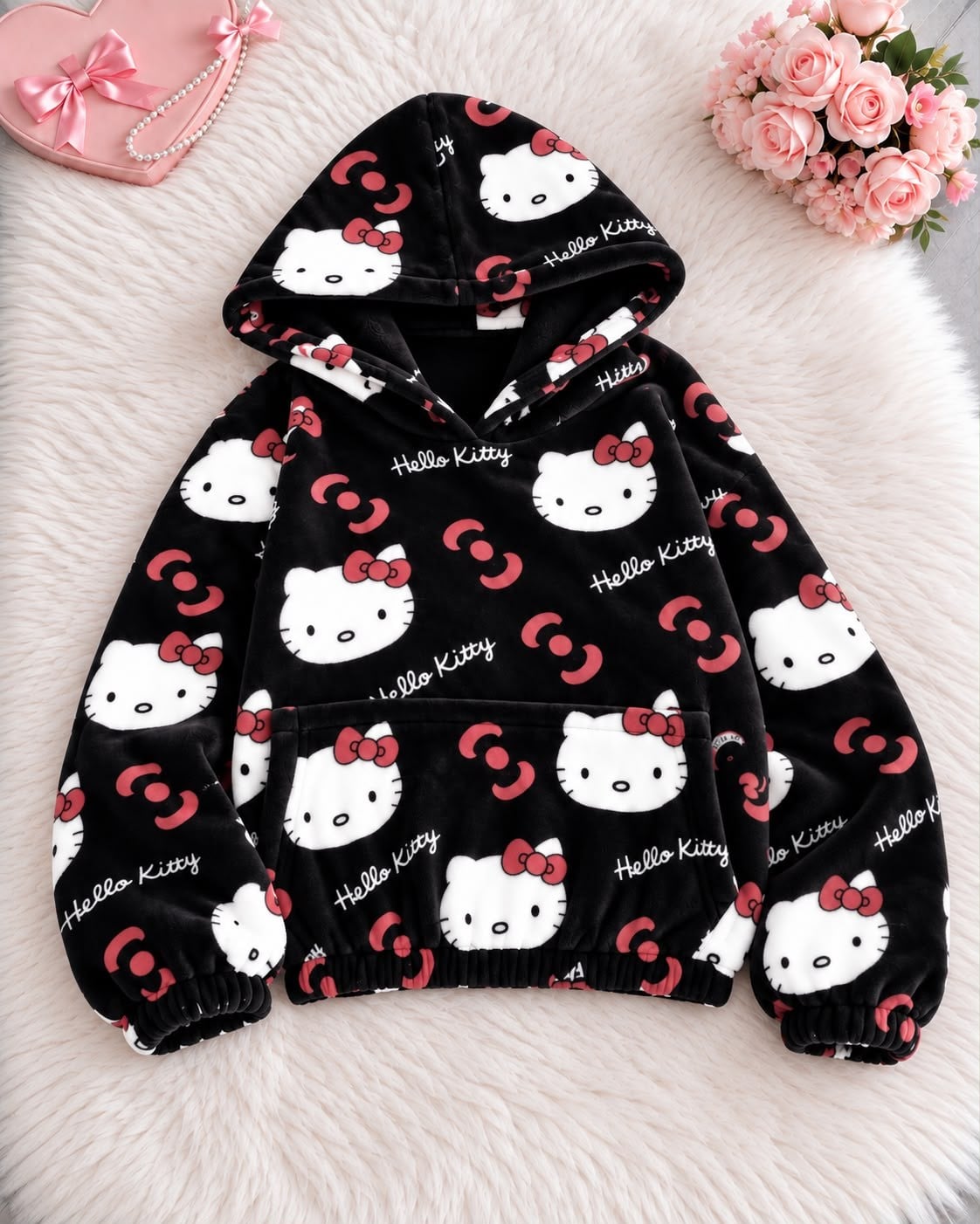 Siyah Hello Kitty Cloudy Peluş Sweat