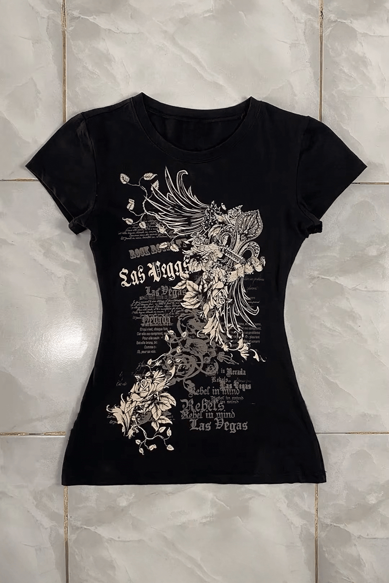 Siyah Las Vegas Rebels Grunge Y2K Kısa Kollu Crop