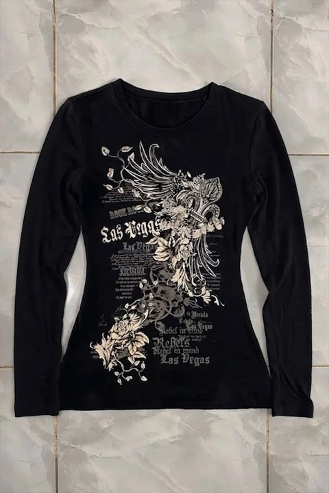 Siyah Las Vegas Rebels Grunge Y2K Uzun Kollu Crop