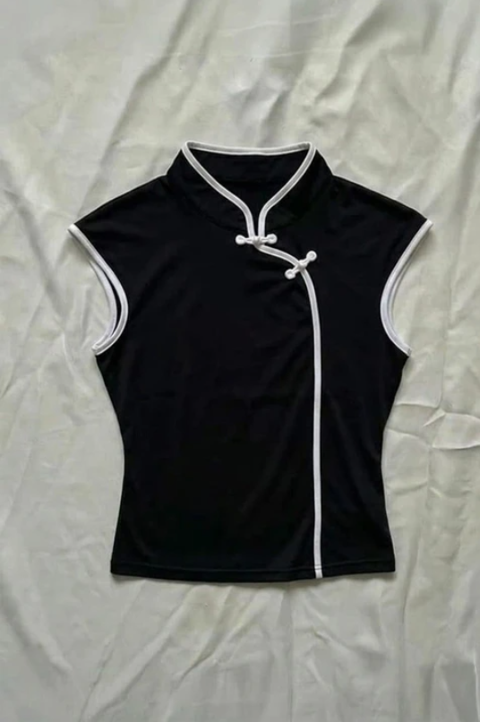 Siyah Mandarin Yaka Beyaz Şeritli Qipao Y2K Kısa Kollu Crop