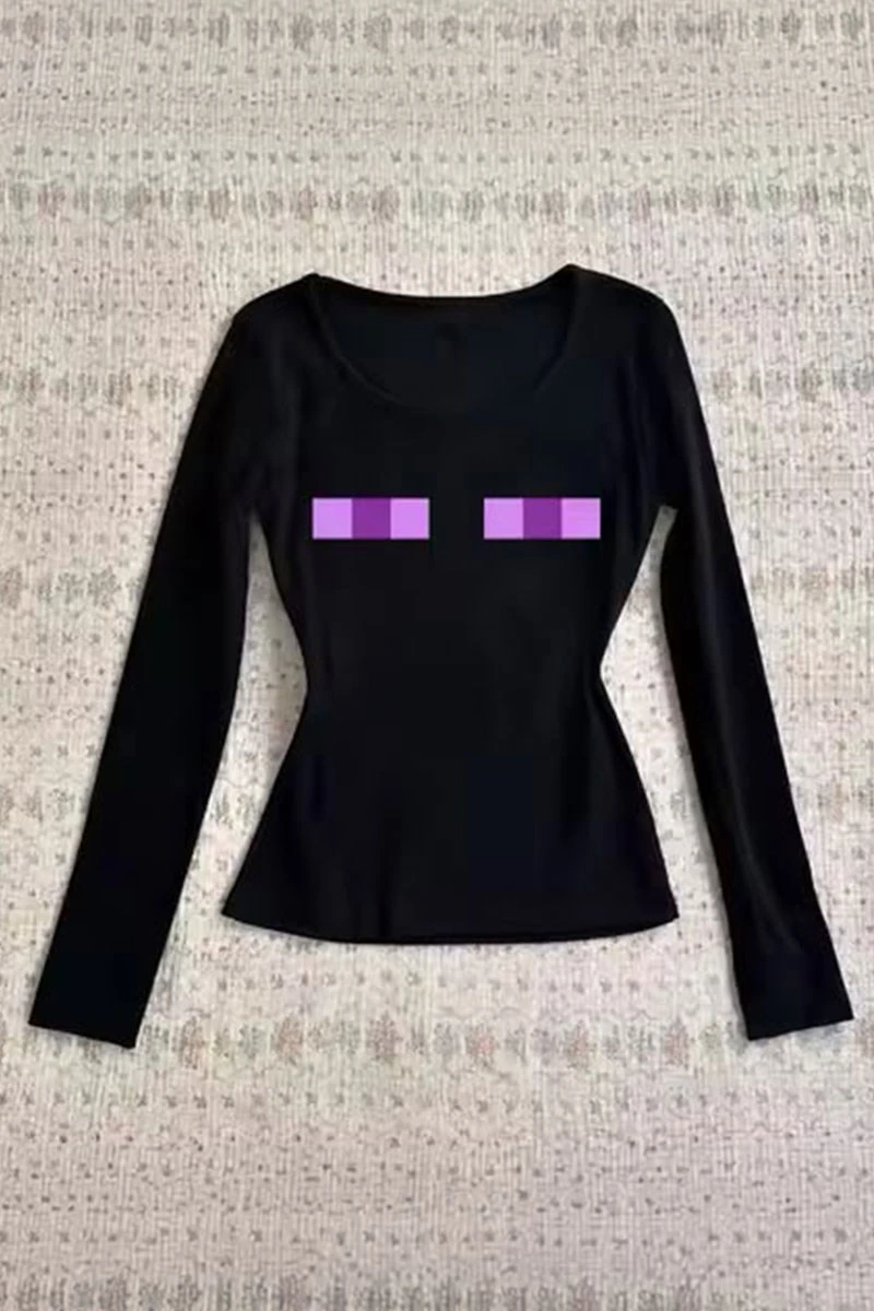 Siyah Minecraft Enderman Purple Eyes Y2K Uzun Kollu Crop