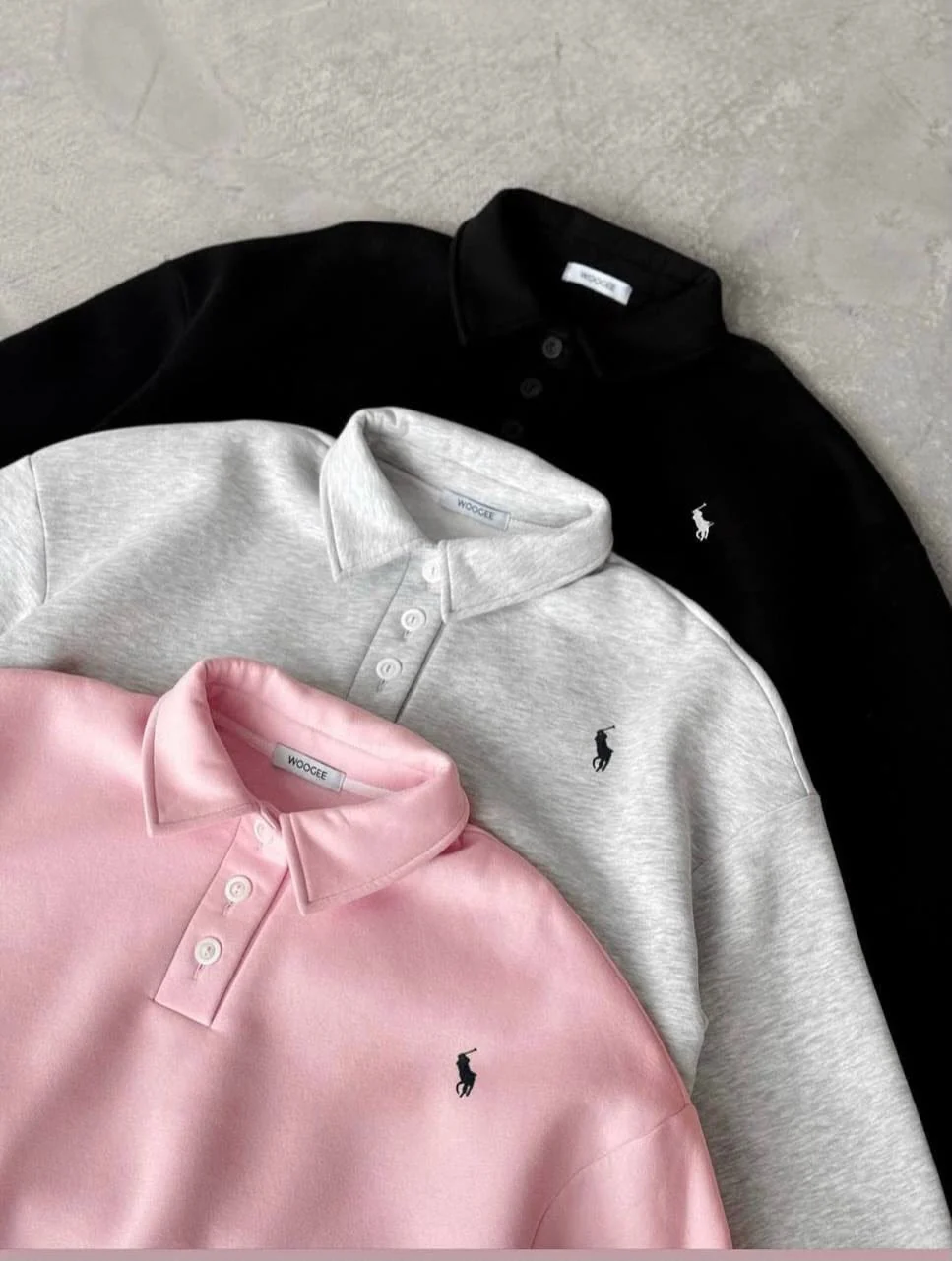 Siyah Polo Yaka Nakış Detaylı Basic Oversize Unisex Sweatshirt