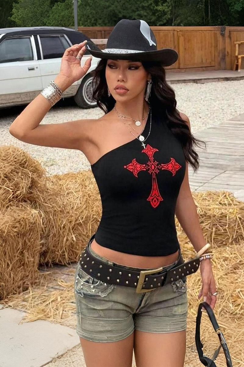 Siyah Red Cross Omuz Dekolteli Askılı Crop