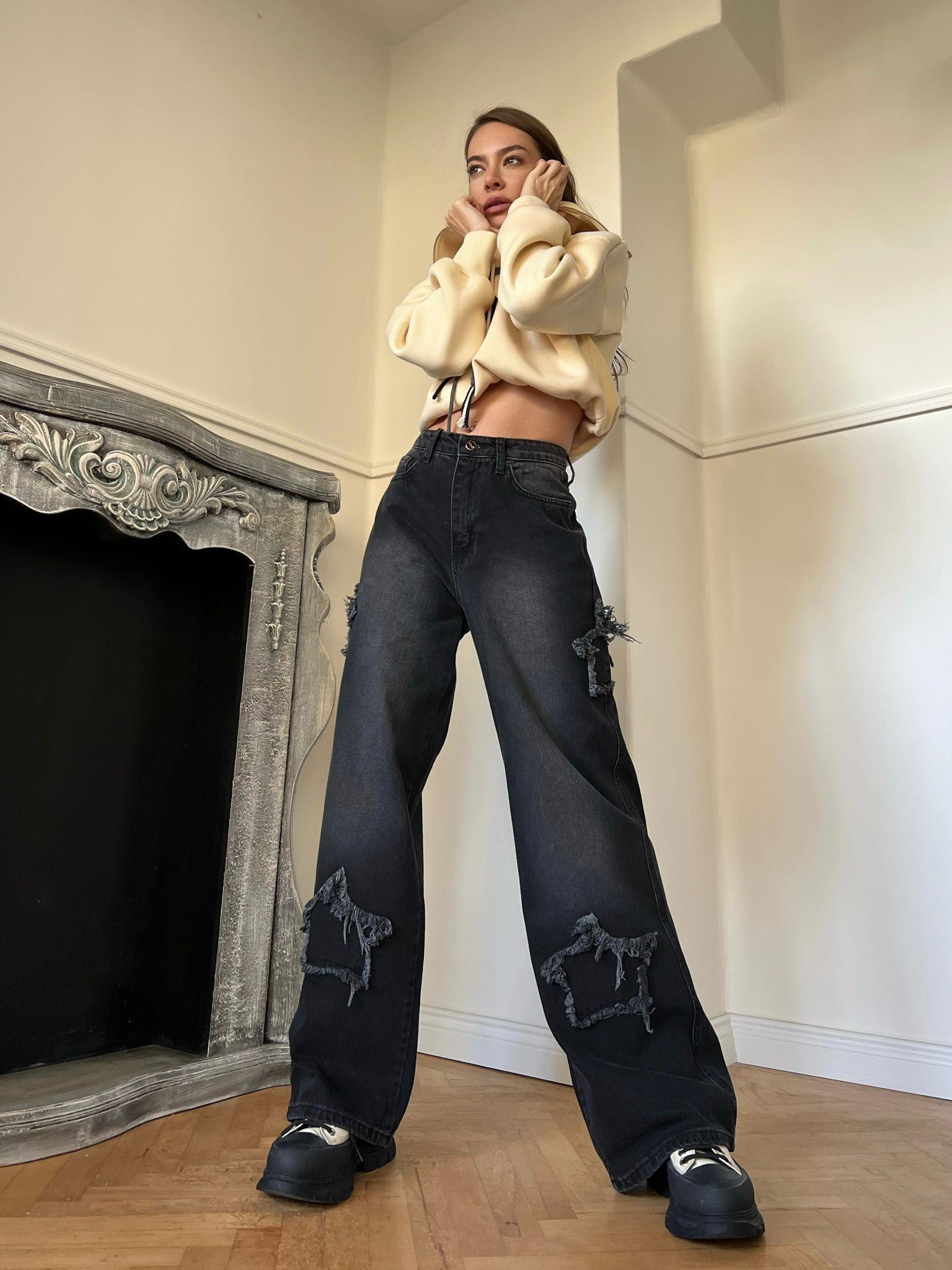 Siyah Retro Yıldız Detaylı Baggy Pantolon