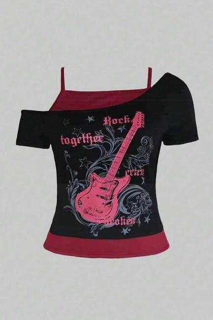 Siyah Rock Together Pink Guitar Ek Askılı Kısa Kollu Full Body Crop