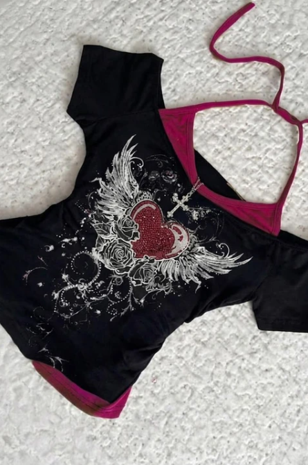 Siyah Rose Red Heart Ek Askılı Gotik Y2K Kısa Kollu Crop