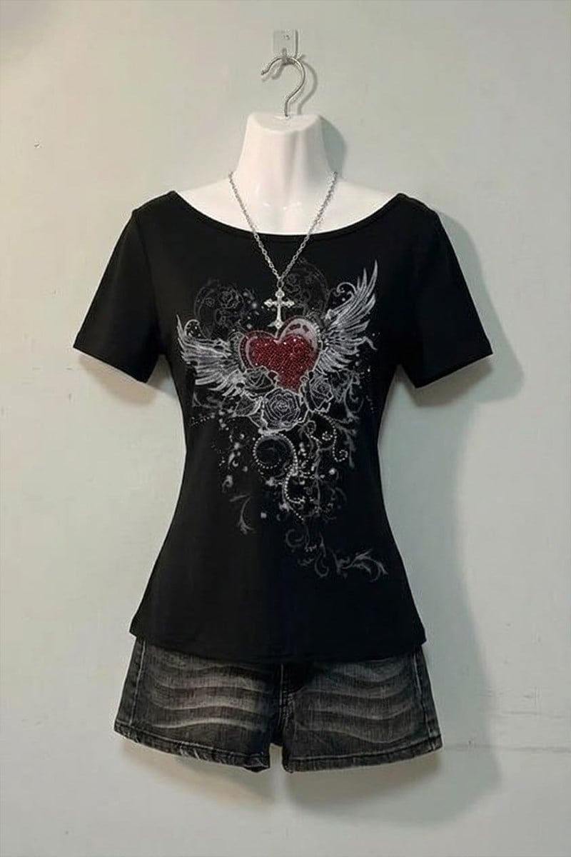 Siyah Rose Red Heart Gotik Y2K Kısa Kollu Crop