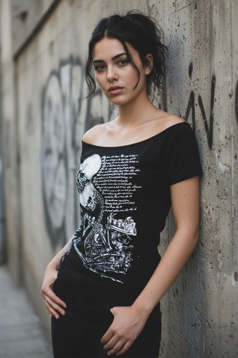 Siyah Skulls Letter Love Body Cyber Grunge Madonna Yaka Y2K Kısa Kollu Crop