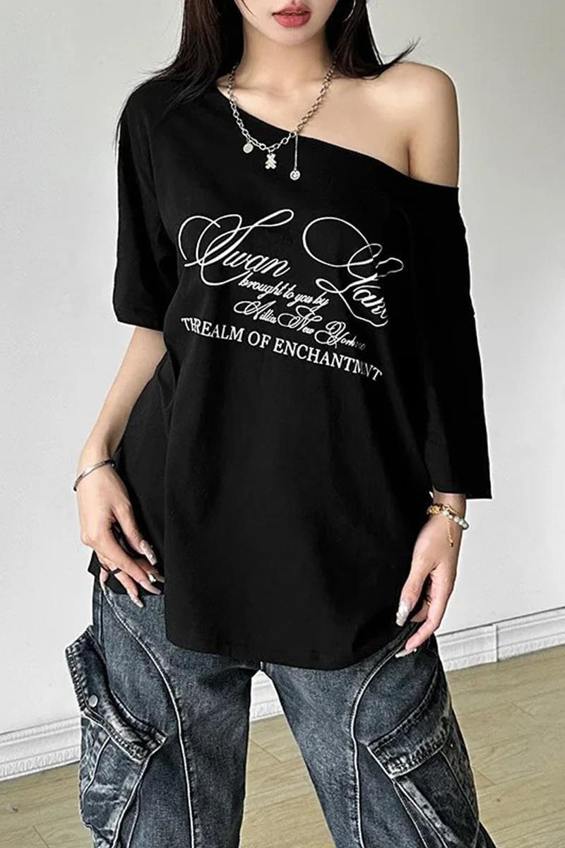 Siyah Swan Lake Salaş Omuz Dekolteli T-shirt
